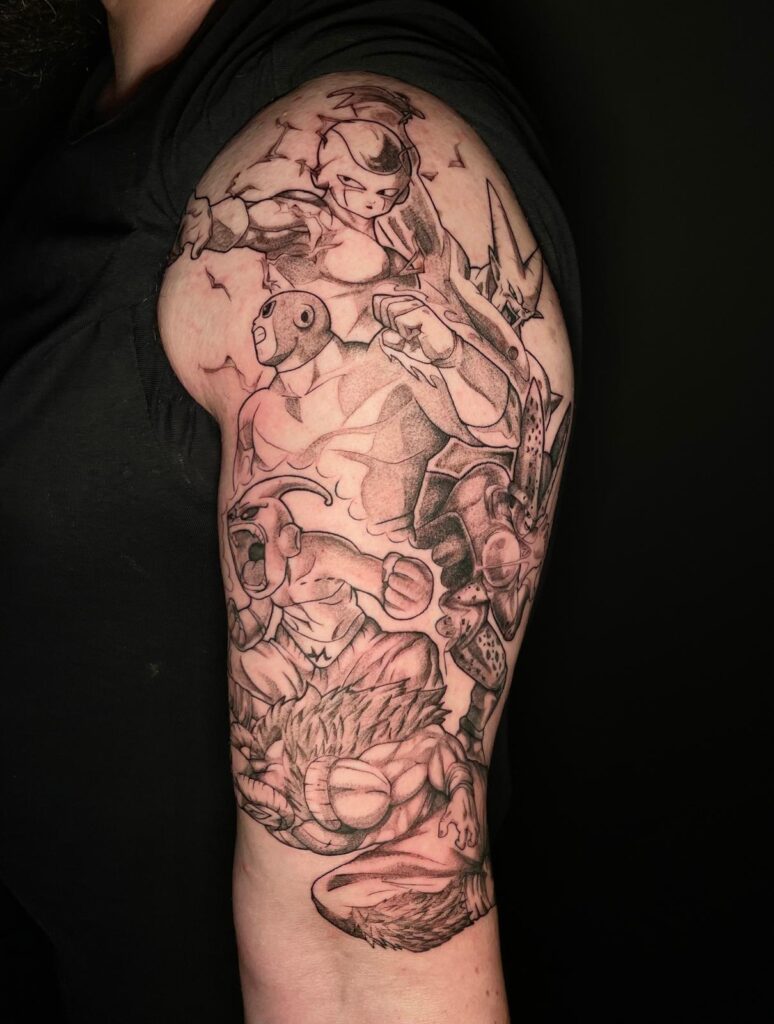 Stinging Bee Tattoostudio Miltenberg - Verschiedene Dragonball Charaktere- Tättowierung auf dem gesamtem Oberarm von der Schulter herunter